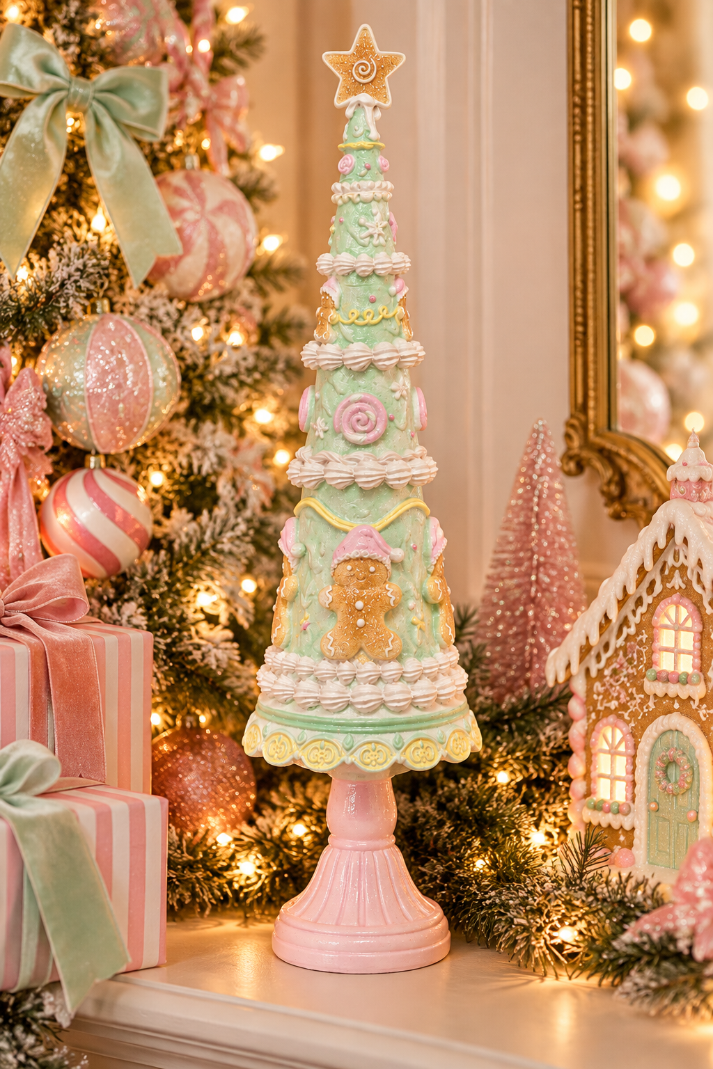 Mint green pastel candy Christmas tree figurine on a pink pedestal stand, styled on a mantel with a flocked Christmas tree, gingerbread house, fairy lights and pastel gift boxes