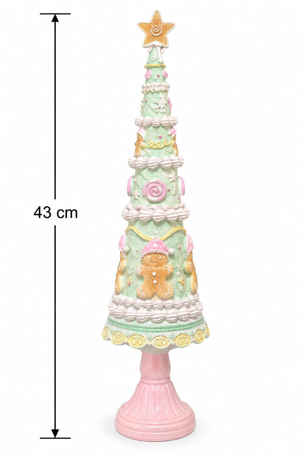 Mint green gingerbread candy Christmas tree figurine on white background with 43cm height measurement, showing gold star topper, meringue ruffle tiers, gingerbread man detail and pink pedestal base