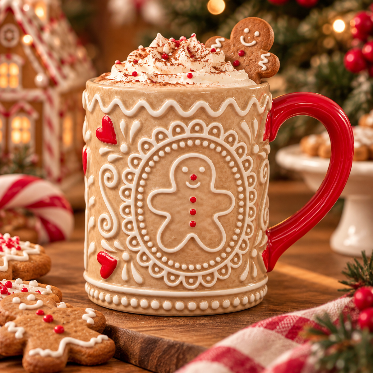 Gingerbread man Christmas ceramic mug filled with whipped cream hot chocolate, styled on a wooden board with gingerbread cookies, candy canes and a lit gingerbread house in the background