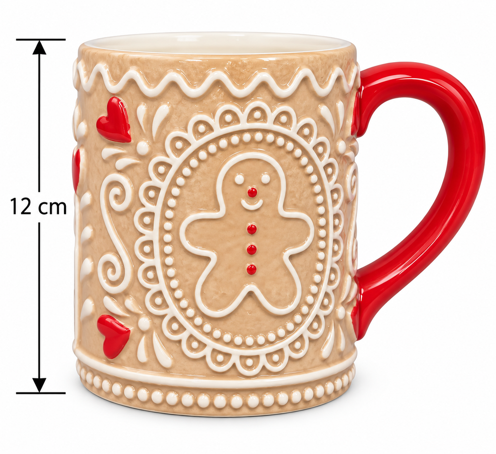 Gingerbread man Christmas mug on white background showing raised icing detailing, red hearts, red handle and 12cm height measurement