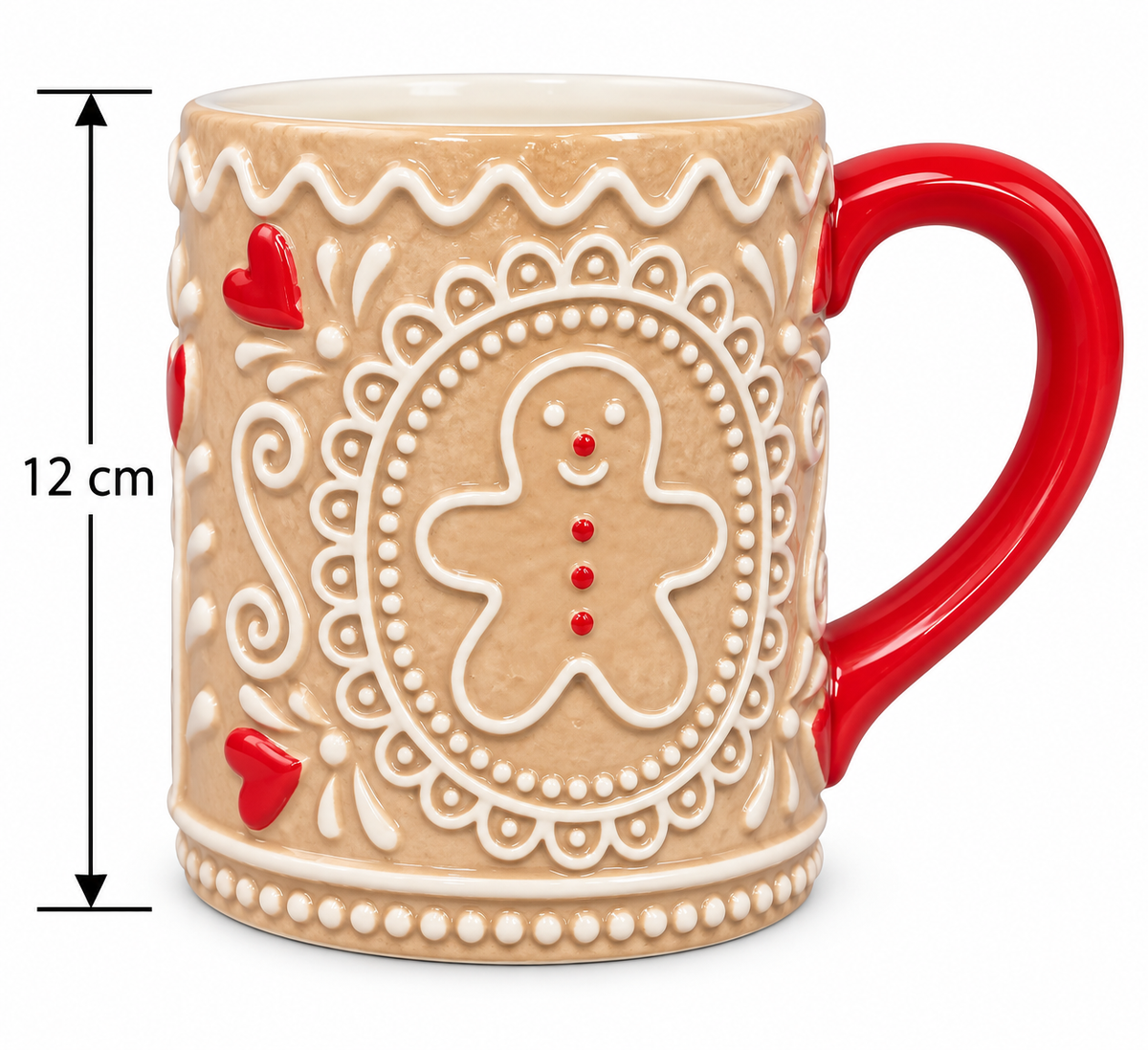 Gingerbread man Christmas mug on white background showing raised icing detailing, red hearts, red handle and 12cm height measurement