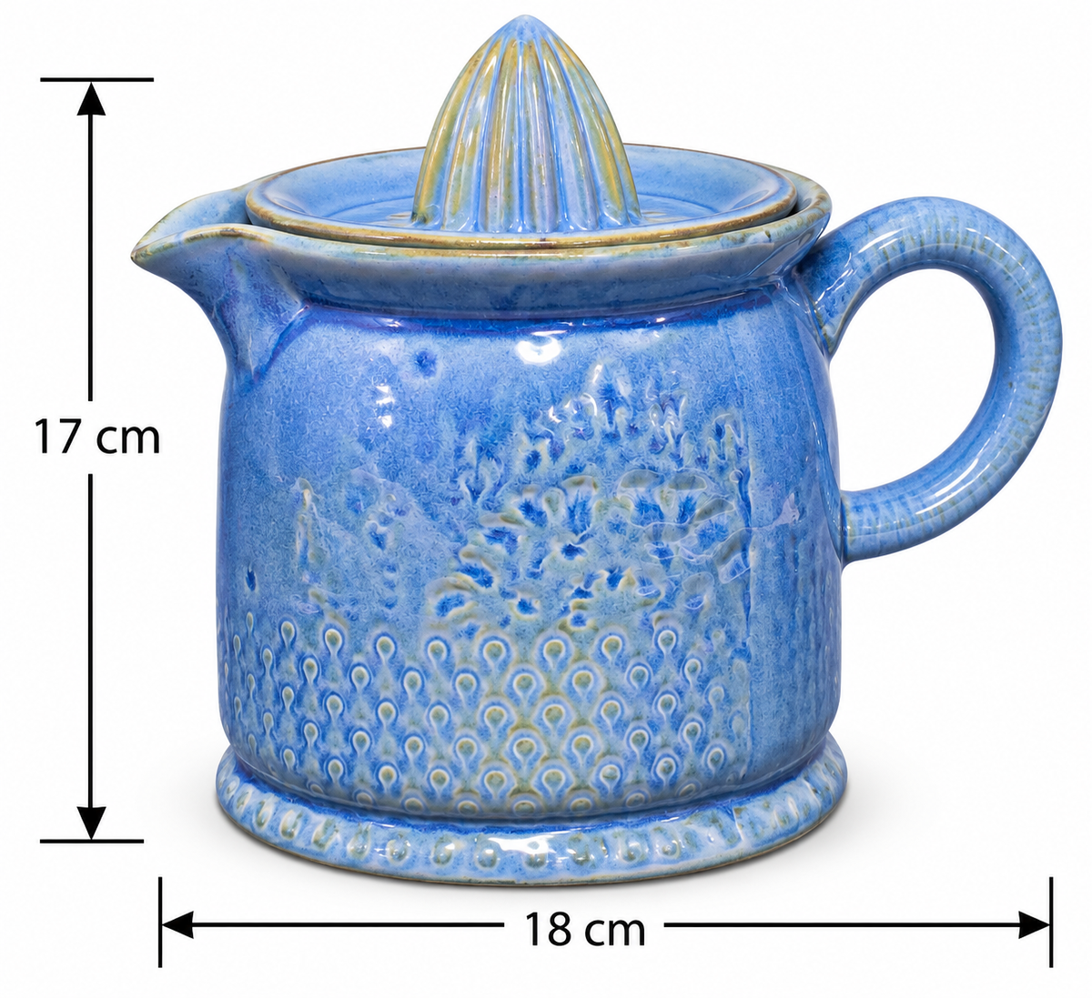 Blue ceramic citrus juicer pitcher and reamer assembled on white background with 17cm height and 18cm width measurements shown