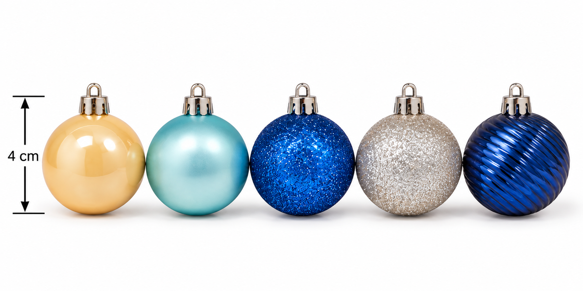 Five Christmas bauble finishes in a row on white background with 4cm height measurement — champagne gloss, aqua satin, cobalt glitter, silver glitter, and navy ribbed swirl