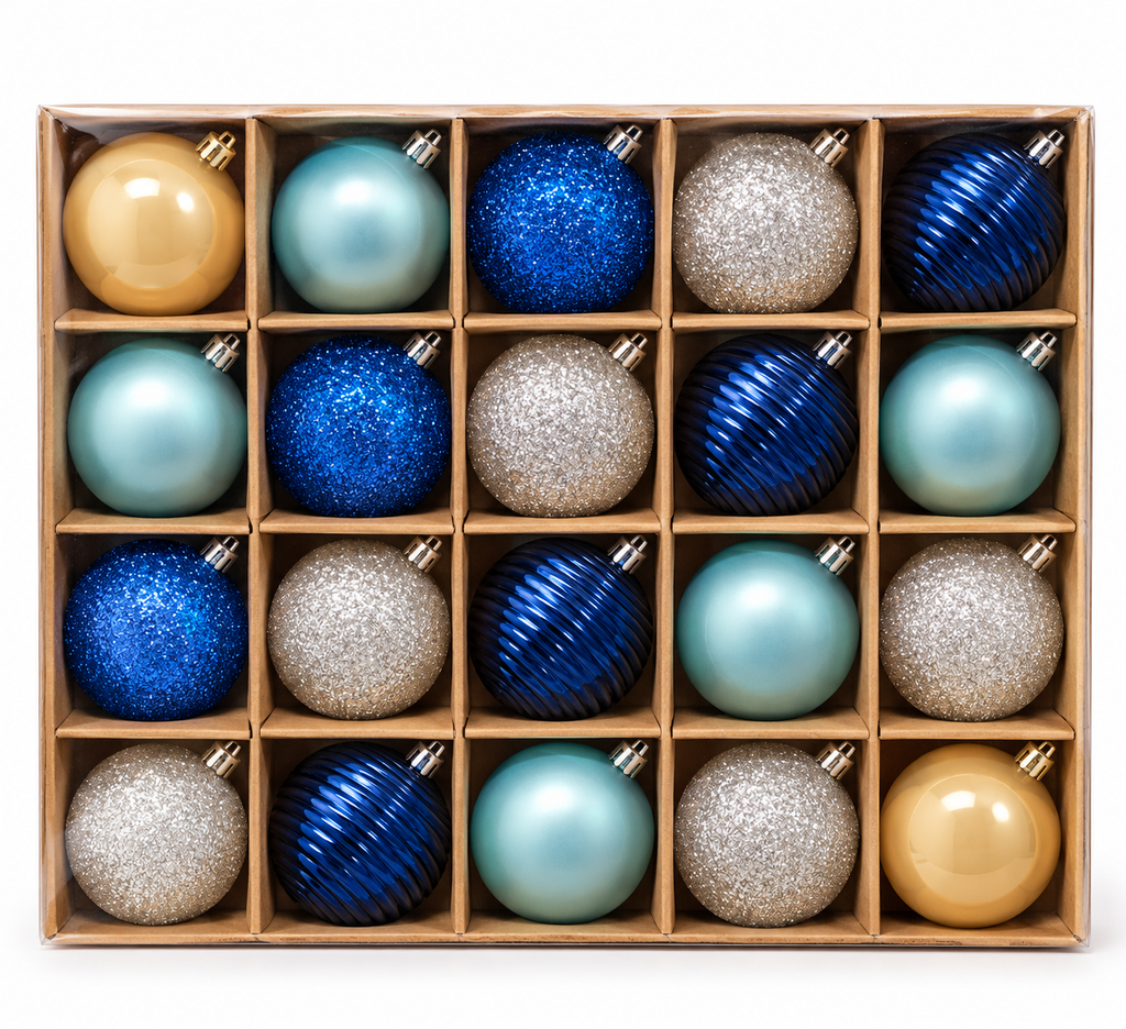 20-piece Christmas bauble set displayed in a kraft gift box with individual compartments, showing all five finishes neatly arranged in four rows of five