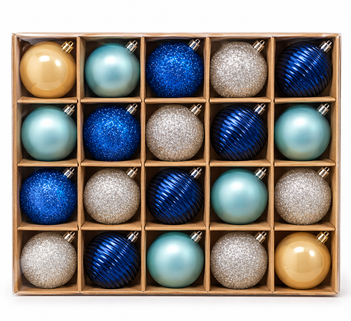 20-piece Christmas bauble set displayed in a kraft gift box with individual compartments, showing all five finishes neatly arranged in four rows of five