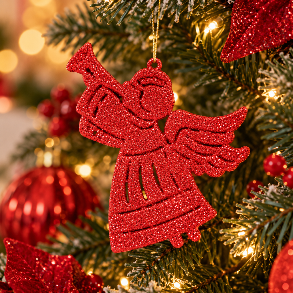 Red glitter angel ornament hanging on a snow-flocked Christmas tree among red baubles, red star ornaments and warm fairy lights