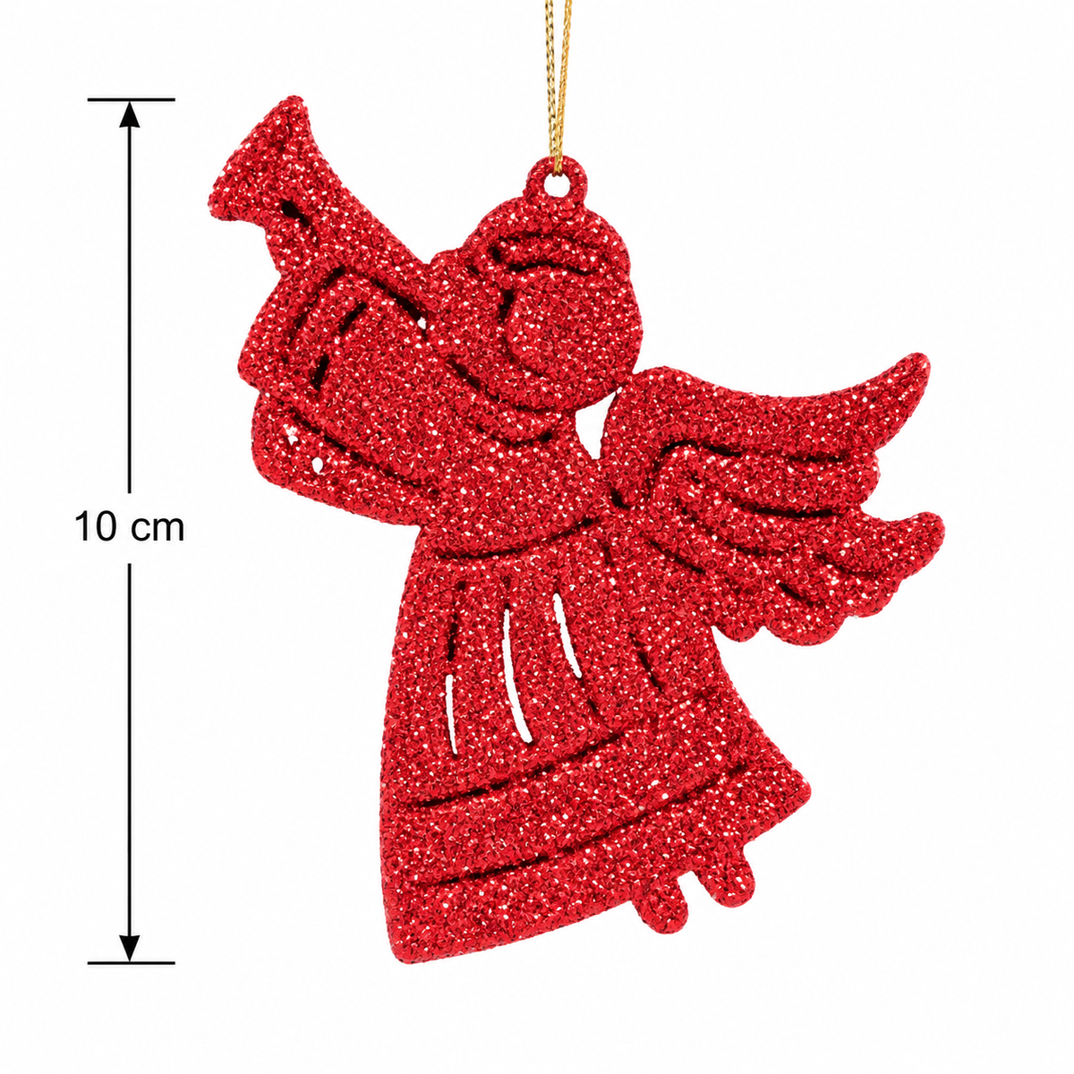 Red glitter angel Christmas ornament on white background with gold hanging cord and 10cm height measurement, showing open cutwork silhouette detail