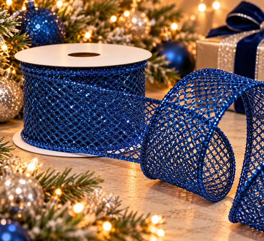 Sapphire blue glitter mesh wired ribbon roll unspooling beside a lit Christmas tree, blue and silver baubles and a wrapped gift with a navy velvet bow
