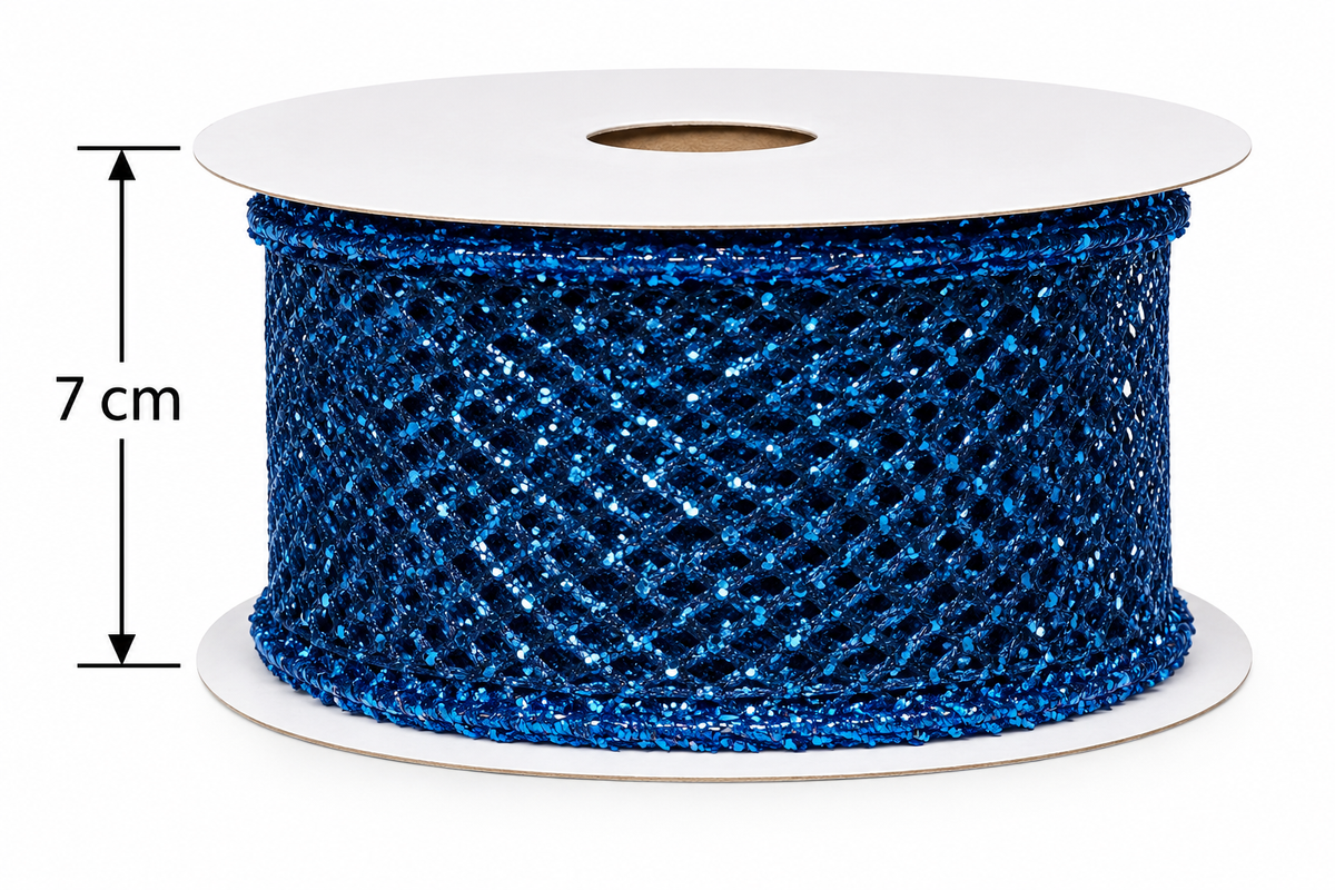 Sapphire blue glitter mesh wired ribbon roll on a white background with a dimension arrow showing 7cm width