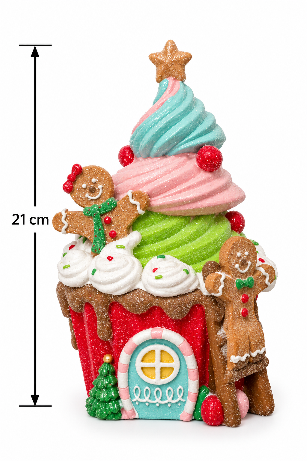 Cupcake gingerbread house decor on a white background with a dimension arrow showing 21cm height
