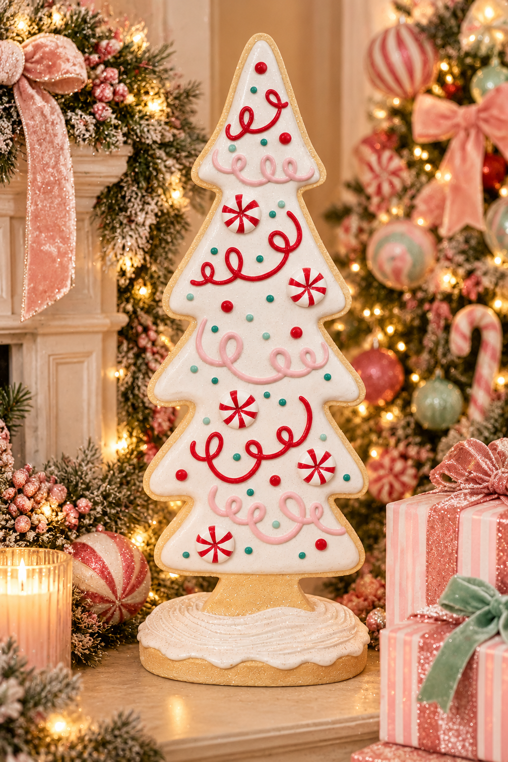 Peppermint gingerbread Christmas tree decor styled on a mantel beside a lit candle and pink glitter bows, with a decorated Christmas tree and wrapped gifts in the background