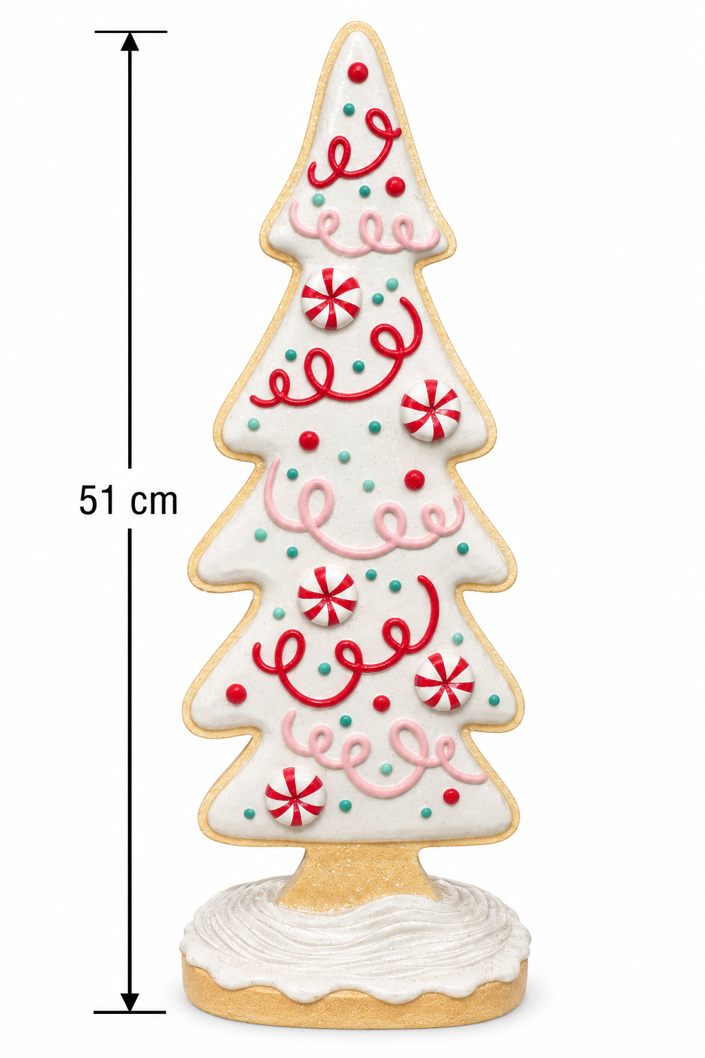 Peppermint gingerbread Christmas tree decor on a white background with a dimension arrow showing 51cm height