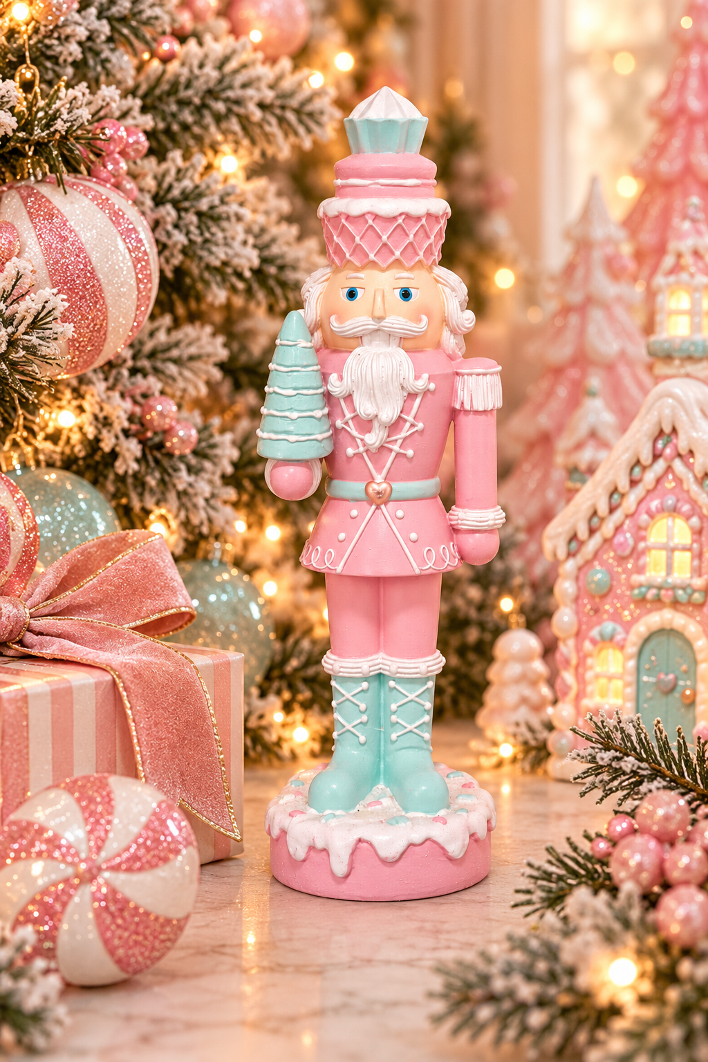 Pastel pink nutcracker decor holding a mint green tree, styled beside a pink Christmas tree, gingerbread house and peppermint ornaments