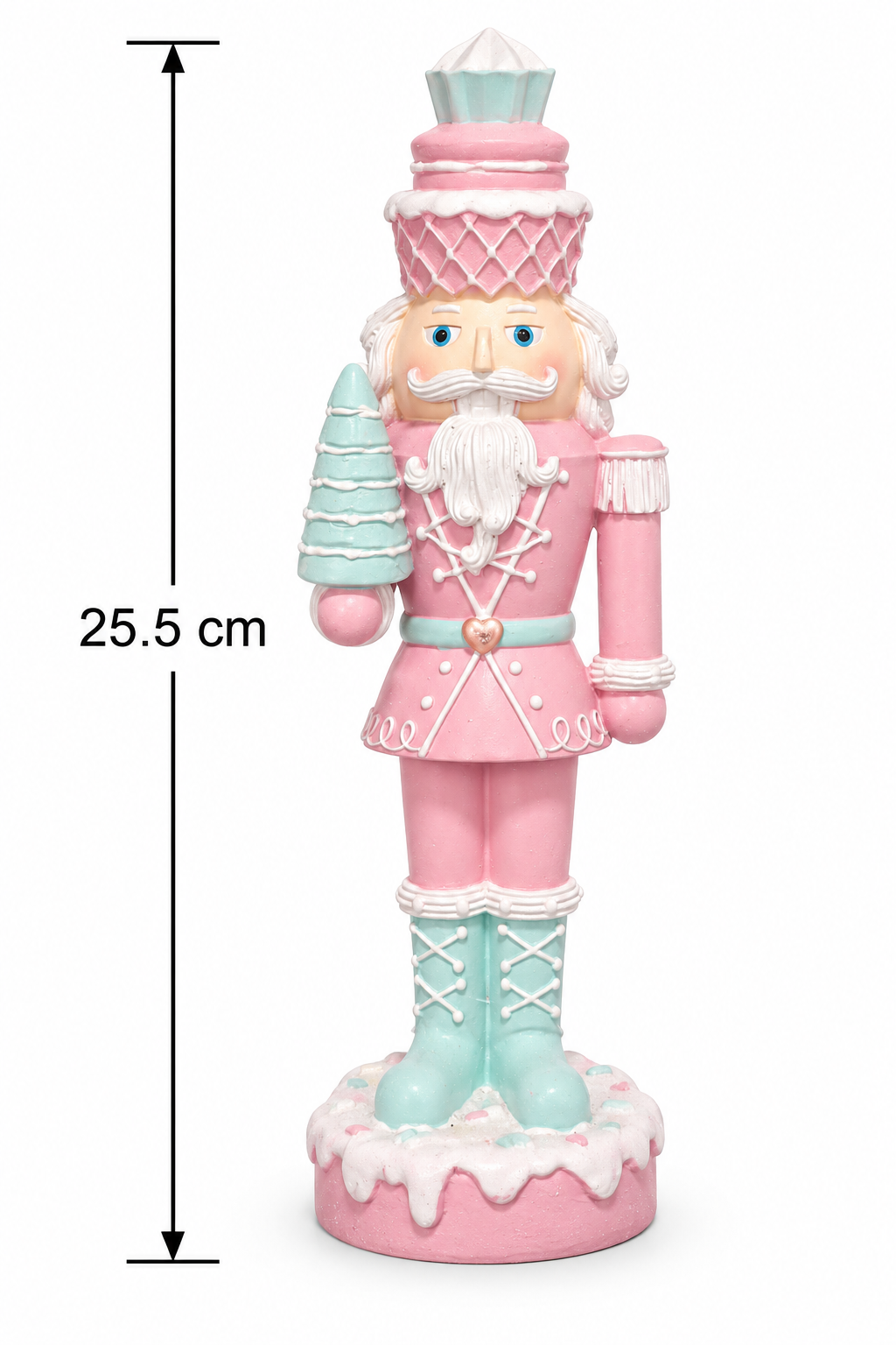 Pastel pink nutcracker decor on a white background with a dimension arrow showing 25.5cm height
