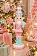 Pastel pink and mint nutcracker decor holding a peppermint lollipop, styled beside a Christmas tree, gingerbread house and iced cookies
