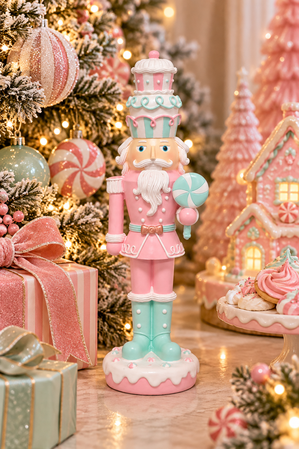 Pastel pink and mint nutcracker decor holding a peppermint lollipop, styled beside a Christmas tree, gingerbread house and iced cookies