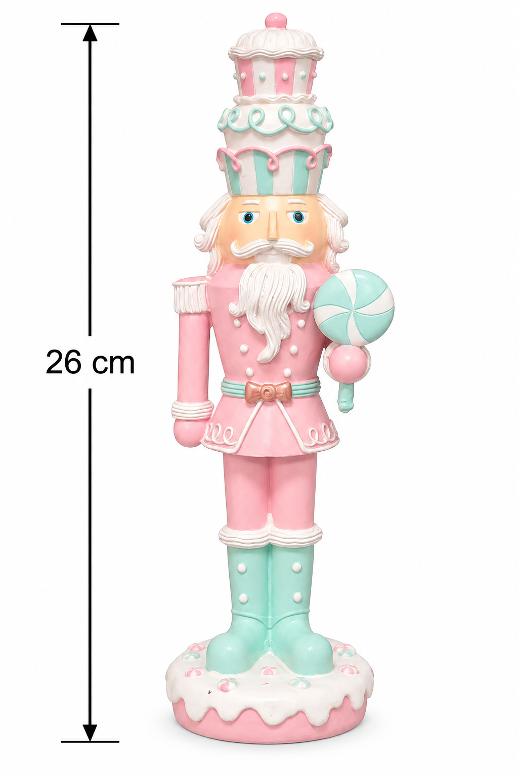 Pastel candy nutcracker decor on a white background with a dimension arrow showing 26cm height