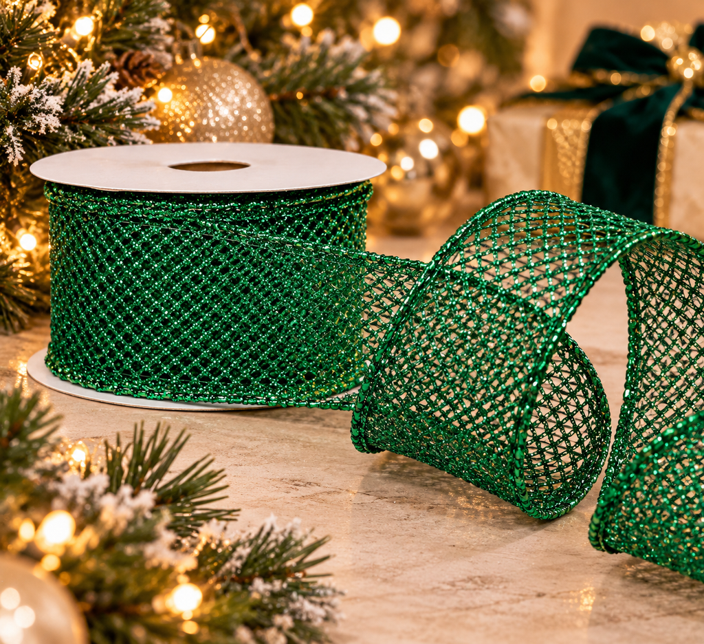 Emerald glitter mesh wired ribbon roll unspooling beside a lit Christmas tree, gold baubles and a wrapped gift with a dark green velvet bow