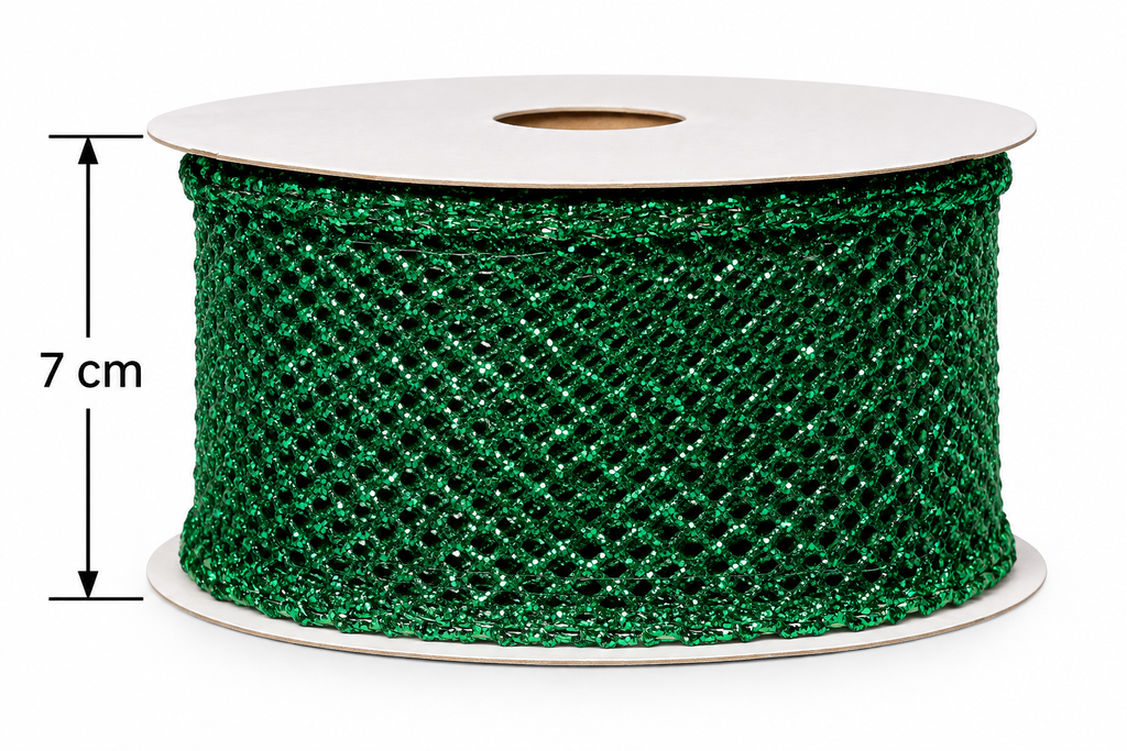 Emerald glitter mesh wired ribbon roll on a white background with a dimension arrow showing 7cm width