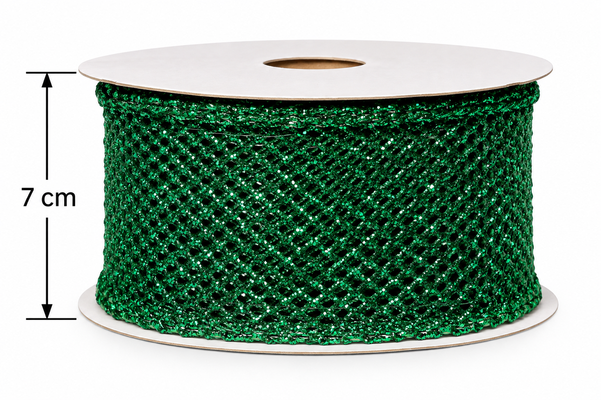 Emerald glitter mesh wired ribbon roll on a white background with a dimension arrow showing 7cm width