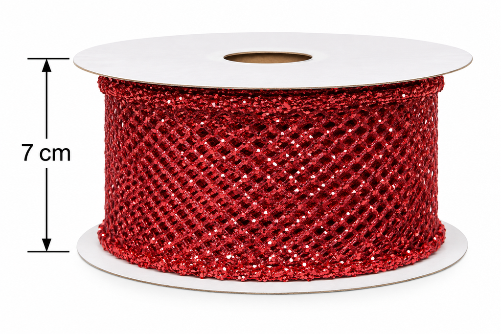 Ruby red glitter mesh wired ribbon roll on a white background with a dimension arrow showing 7cm width