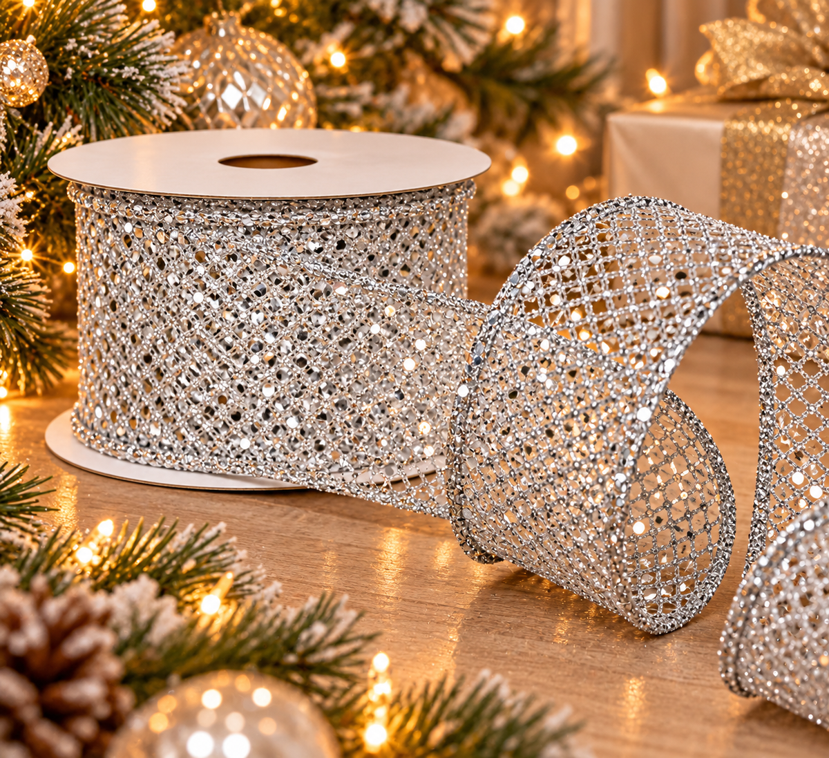 Silver sparkle mesh wired ribbon roll unspooling beside a lit Christmas tree, silver baubles, pinecones and gold wrapped gifts