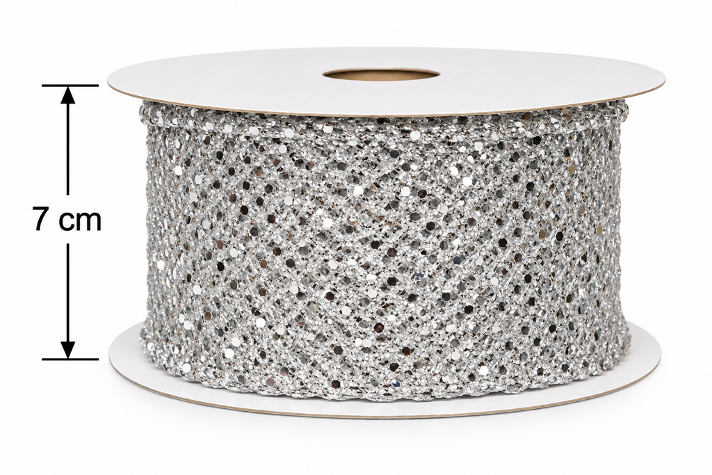 Silver sparkle mesh wired ribbon roll on a white background with a dimension arrow showing 7cm width