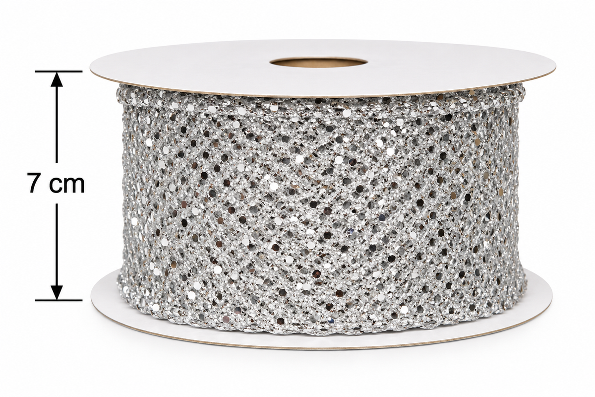 Silver sparkle mesh wired ribbon roll on a white background with a dimension arrow showing 7cm width