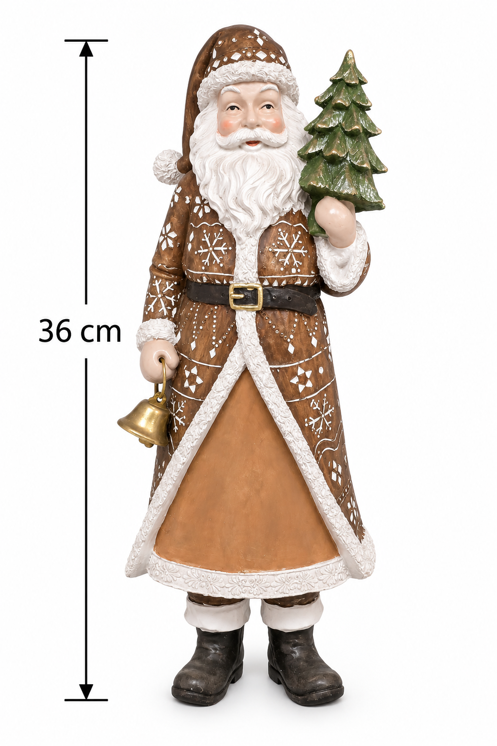 Rustic brown and white Santa figurine on plain background showing full height of 36cm with snowflake coat detailing, tree and bell