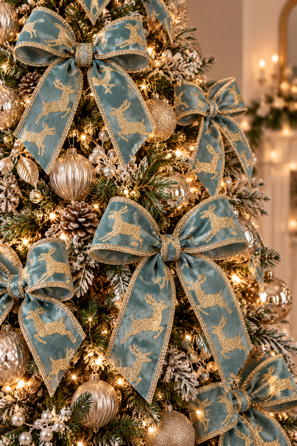 Sage green velvet ribbon with gold glitter reindeer tied into bows on a decorated Christmas tree with gold baubles and pinecones