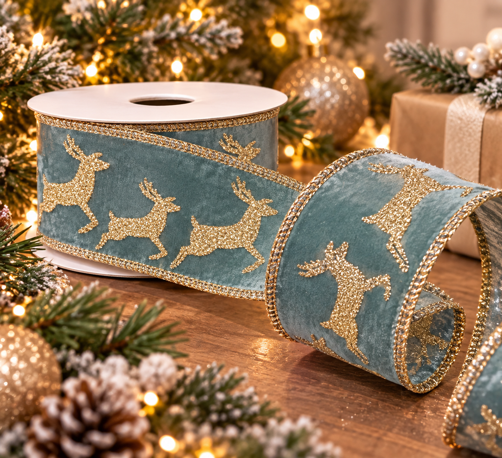 Roll of sage green wired velvet ribbon with gold glitter reindeer print unspooling beside a wrapped gift and Christmas tree branches