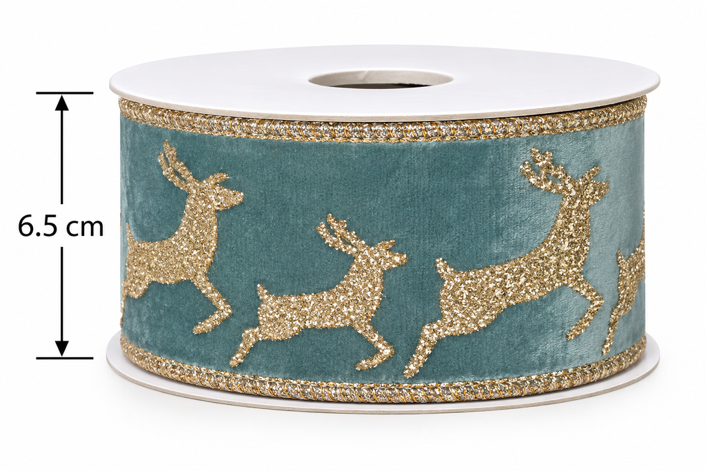 Close-up product shot of sage green velvet ribbon roll with gold glitter reindeer design, showing 6.5cm width measurement