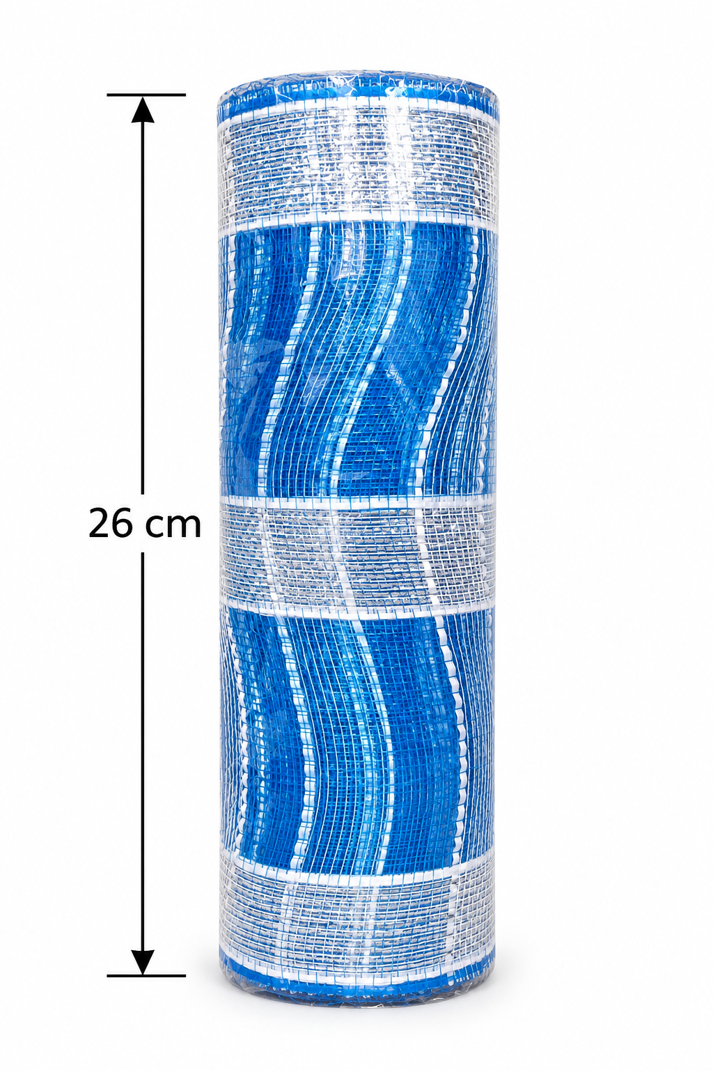 Studio product shot of royal blue and silver plaid deco mesh ribbon roll showing 26cm width measurement