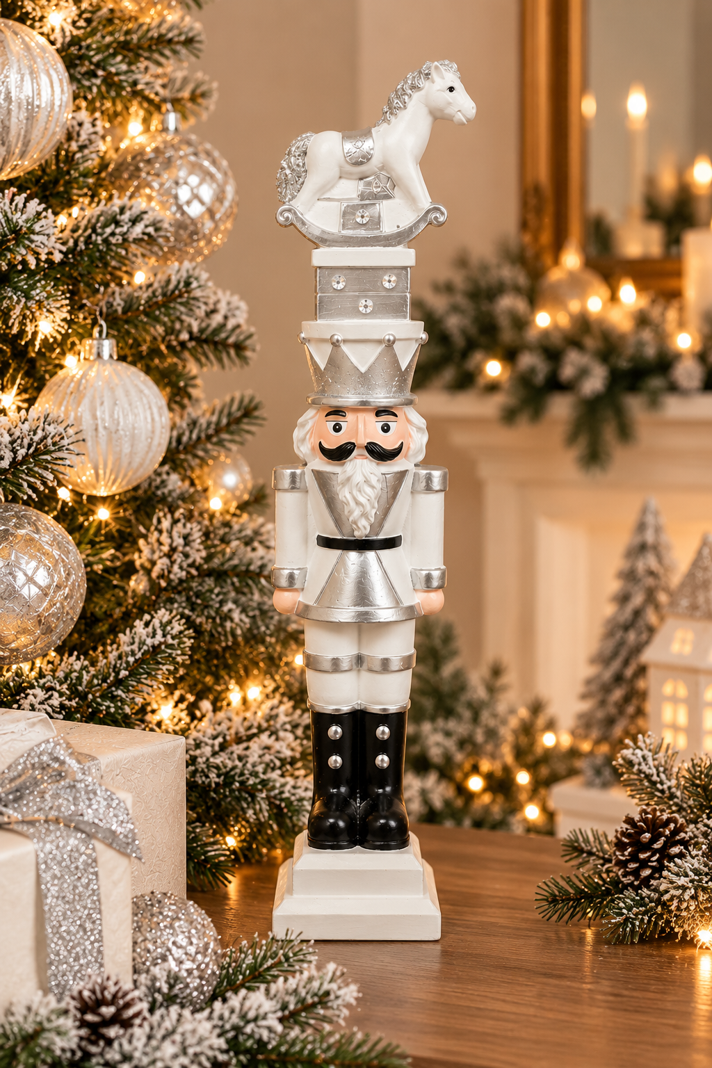 White and silver stacked nutcracker figurine displayed beside a flocked Christmas tree with silver baubles and gift boxes, rocking horse topper visible