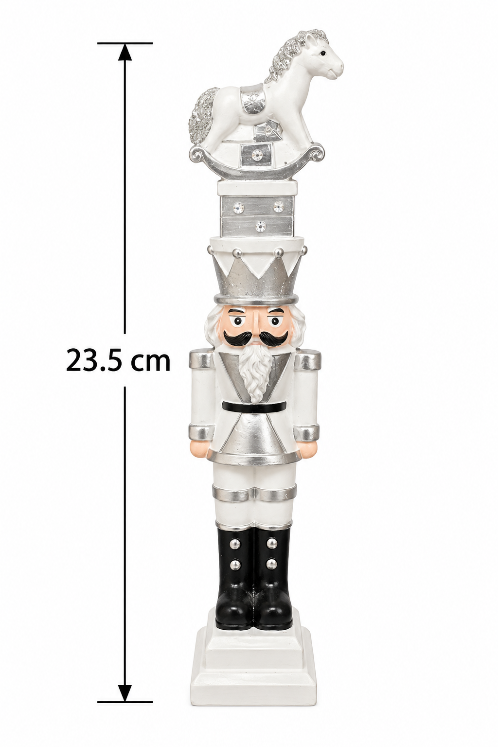 White and silver stacked nutcracker figurine on plain background showing full height of 23.5cm with crown, drum and rocking horse details