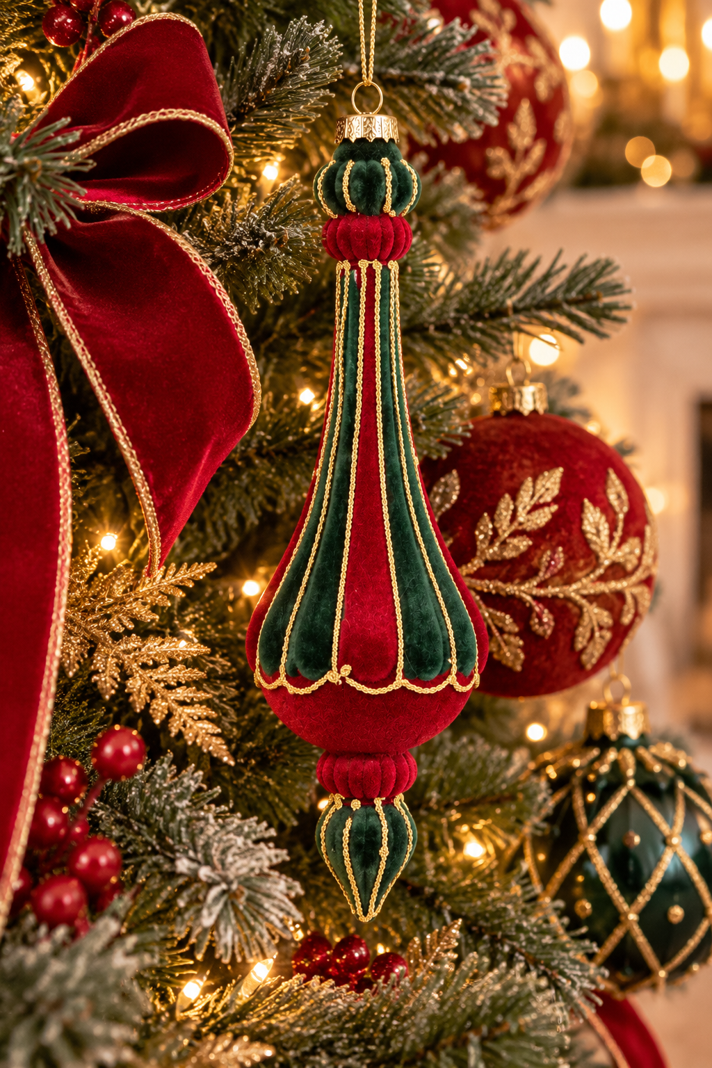 Red and green velvet long drop Christmas ornament with gold cord trim hanging on a lit Christmas tree, surrounded by red velvet ribbon, gold foliage and red berries