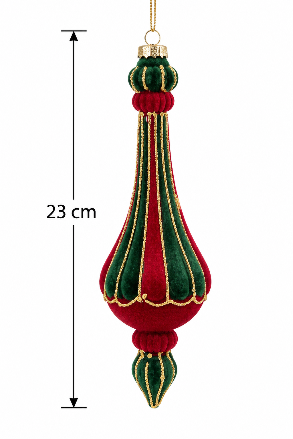 Red and green velvet long drop Christmas ornament with gold cord trim and gold cap on a white background, measuring 23cm tall