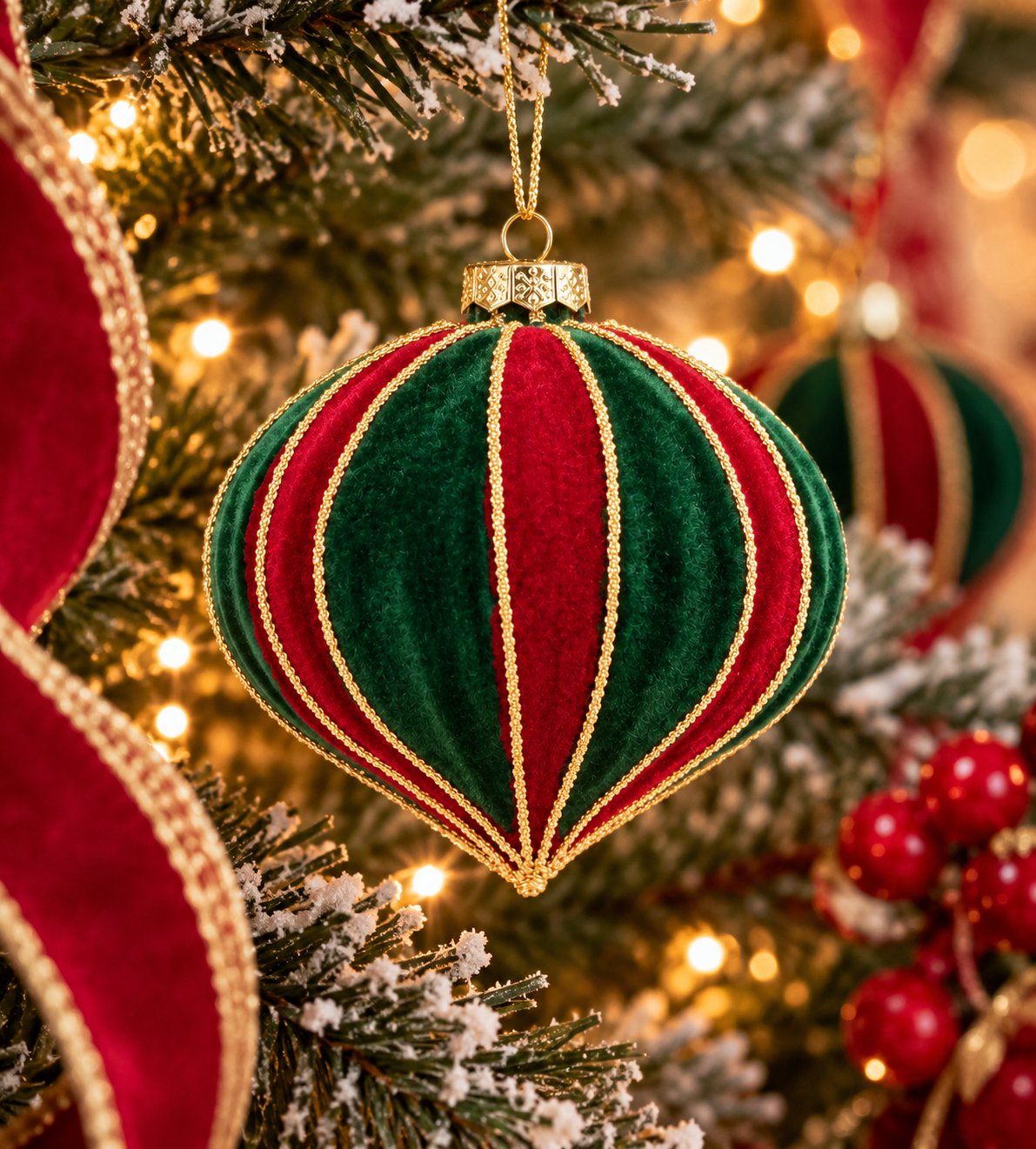 Red and green velvet onion Christmas bauble with gold cord trim hanging on a snowy lit Christmas tree, surrounded by red velvet ribbon and red berries