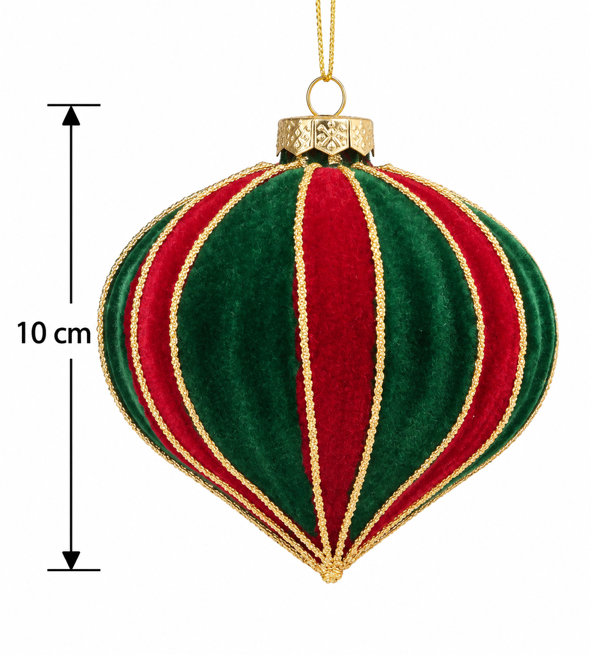 Red and green striped velvet onion Christmas bauble with gold cord trim and gold cap on a white background, measuring 10cm tall