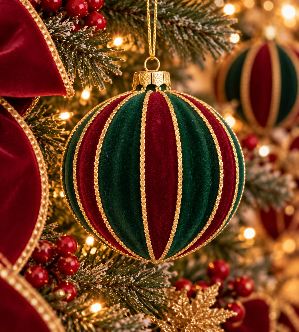 Red and green striped velvet round Christmas bauble with gold cord trim hanging on a lit Christmas tree, surrounded by red velvet ribbon, red berries and gold foliage
