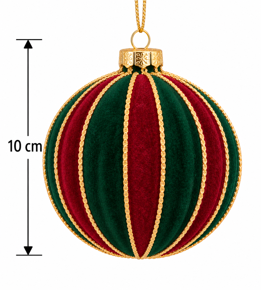 Red and green striped velvet round Christmas bauble with gold cord trim and gold cap on a white background, measuring 10cm