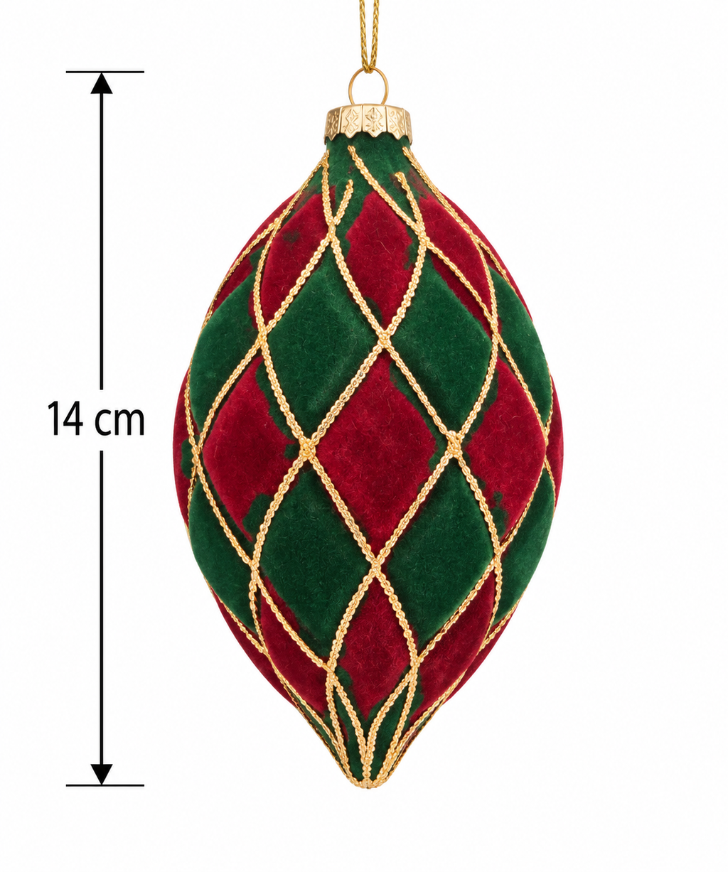 Red and green velvet harlequin Christmas bauble with gold cord diamond pattern and gold cap on a white background, measuring 14cm tall