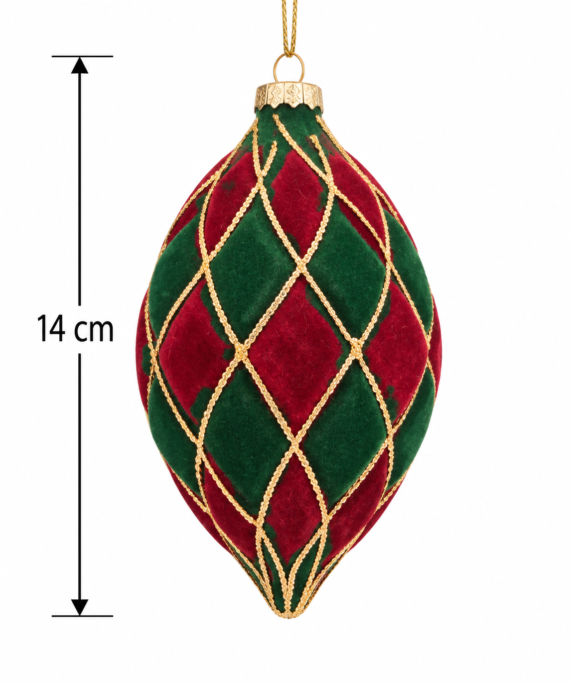 Red and green velvet harlequin Christmas bauble with gold cord diamond pattern and gold cap on a white background, measuring 14cm tall