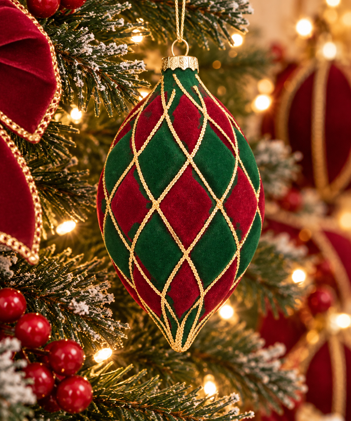 Red and green velvet harlequin Christmas bauble with gold cord diamond pattern hanging on a snowy lit Christmas tree, surrounded by red berries and red velvet ribbon