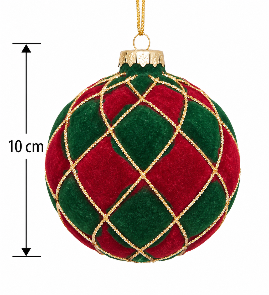 Red and green velvet harlequin round Christmas bauble with gold cord diamond pattern and gold cap on a white background, measuring 10cm