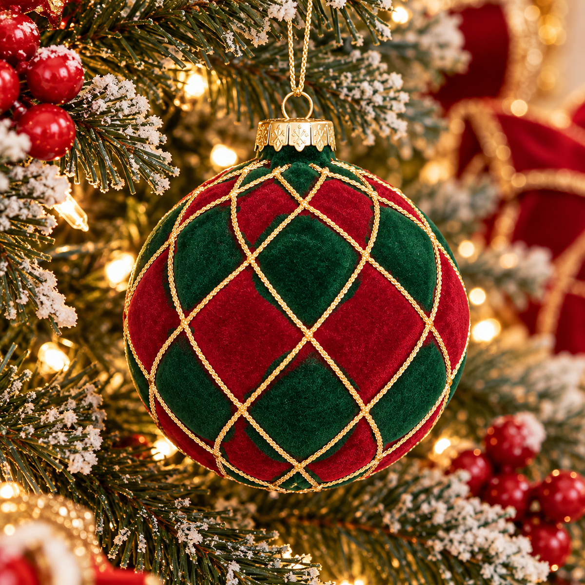 Red and green velvet harlequin round Christmas bauble with gold cord diamond pattern hanging on a snowy lit Christmas tree, surrounded by red berries and red velvet ribbon