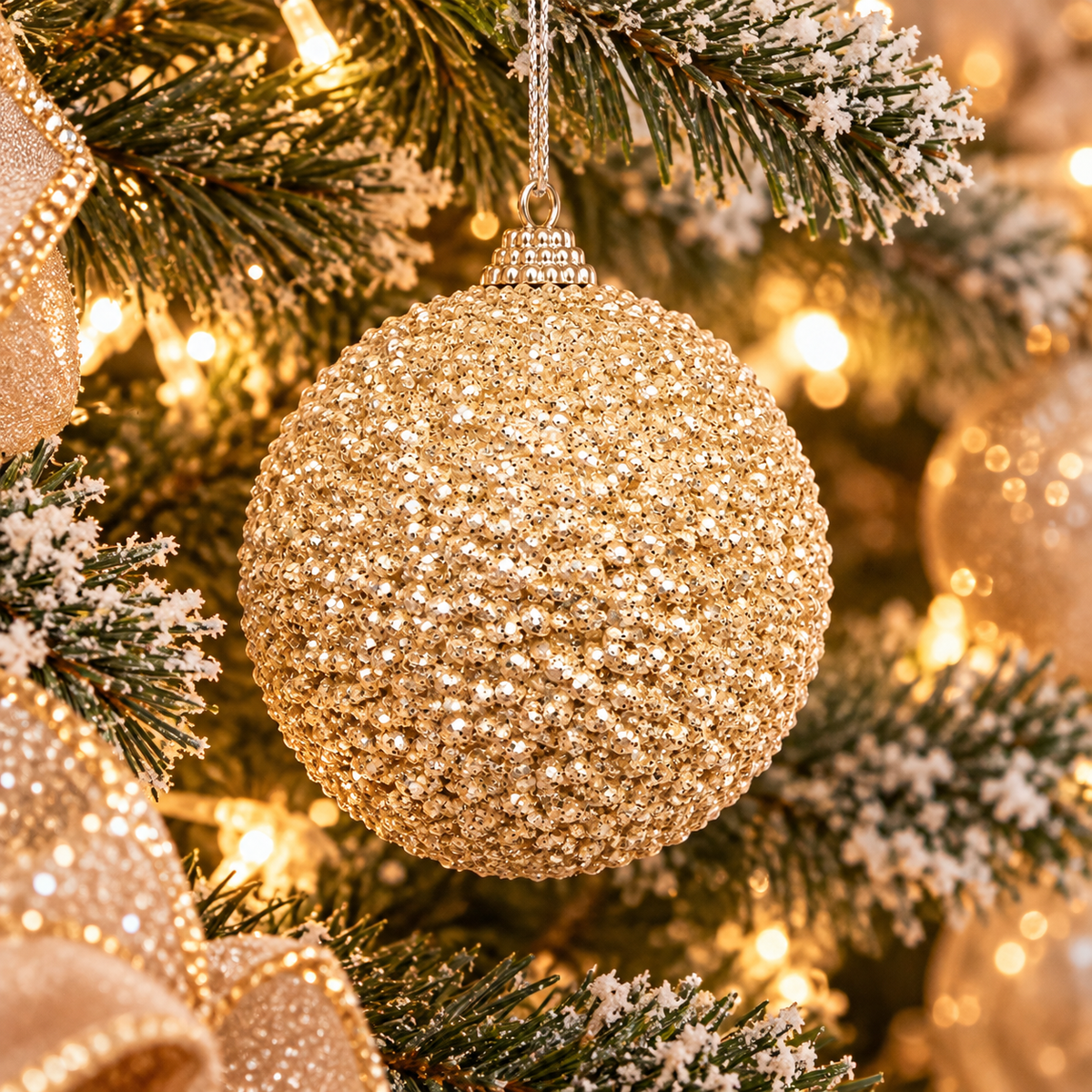 Champagne gold glitter bead Christmas bauble hanging on a snowy lit Christmas tree, surrounded by glittering gold ribbon and warm fairy lights