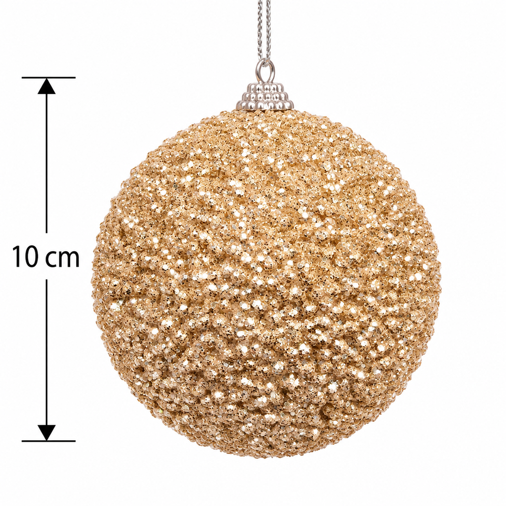Champagne gold glitter bead Christmas bauble with silver beaded cap and hanging cord on a white background, measuring 10cm