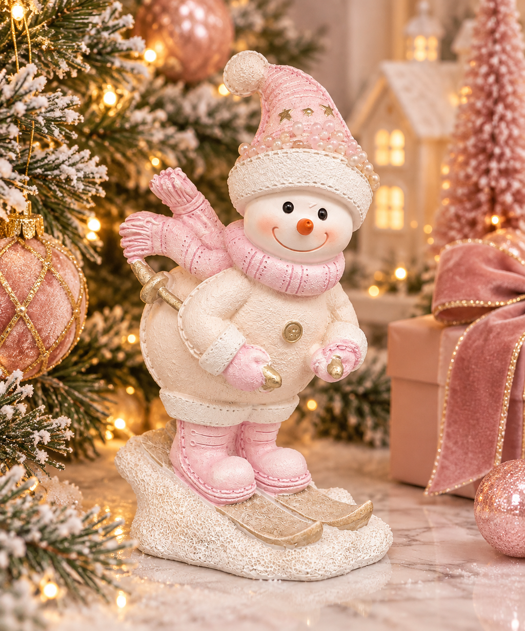 Pink and cream skiing snowman figurine with a pearl-beaded hat, pink scarf and gold skis, styled beside a snowy Christmas tree, pink baubles and a velvet bow