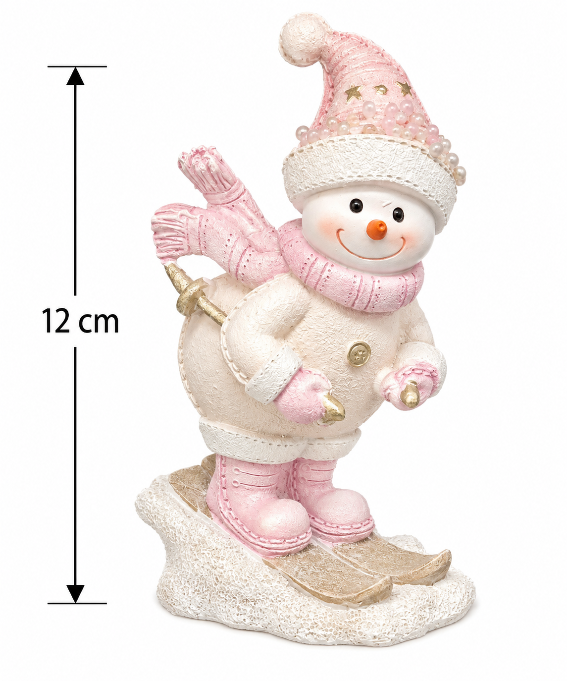 Pink and cream skiing snowman figurine with a pearl-beaded hat, pink scarf and gold skis on a white background, measuring 12cm tall